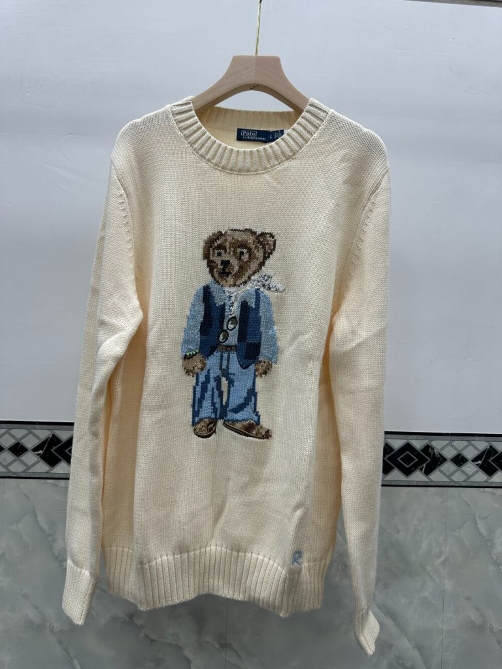 Polo Ralph Lauren Cream Bandana Polo Bear Crewneck Knit Sweater